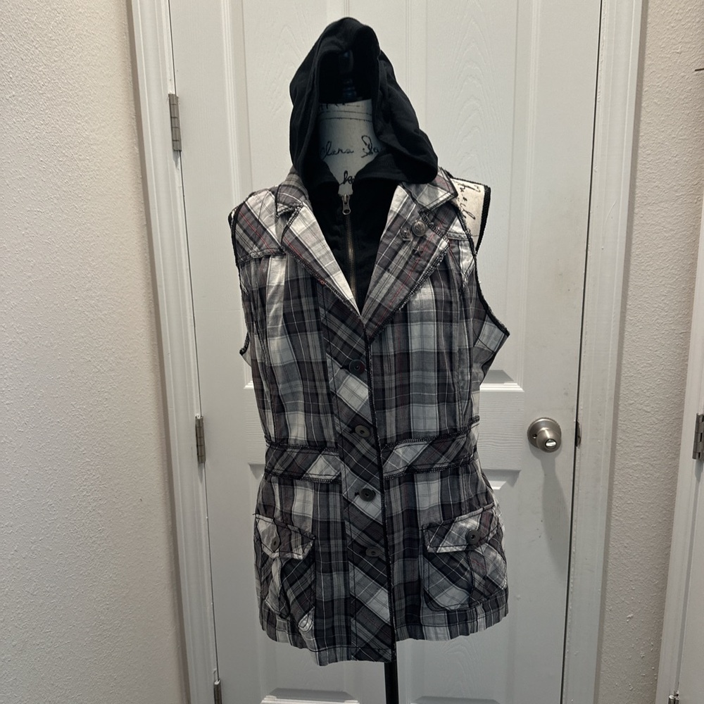 Maurices Black Hooded Plaid-Lined Vest with Subtle Red Accent